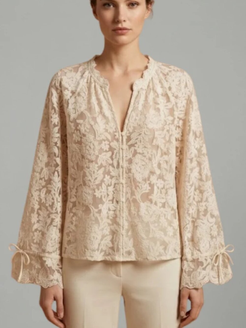 Emilia Women’s Blouse with Lace Surface and Flared Sleeves - Size L